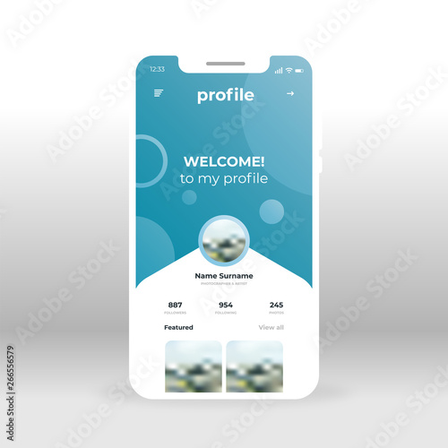 Blue profile UI, UX, GUI screen for mobile apps design. Modern responsive user interface design of mobile applications including Social Network Profile screen