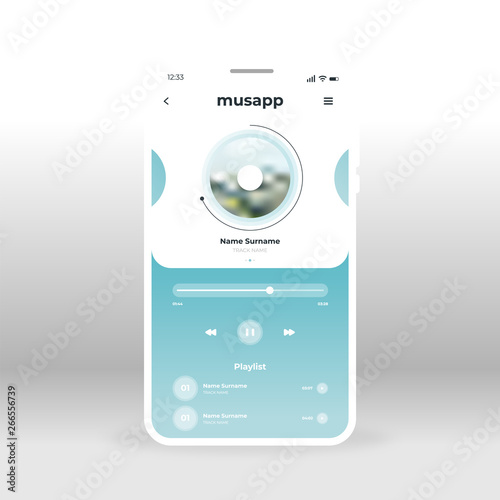 Blue Music App UI, UX, GUI screen for mobile apps design. Modern responsive user interface design of mobile applications including Online Music Player Editor screen