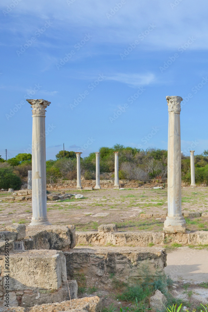 Vertical picture of Corinthian columns surrounded by ancient ruins with blue sky above. Taken in famous Salamis, near Famagusta, Turkish Northern Cyprus. Salamis was famous ancient Greek city-state