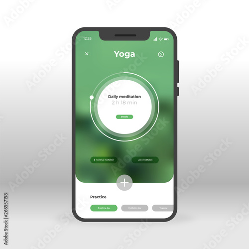 Green Yoga Lessons UI, UX, GUI screen for mobile apps design. Modern responsive user interface design of mobile applications including Online Yoga Trainings screen