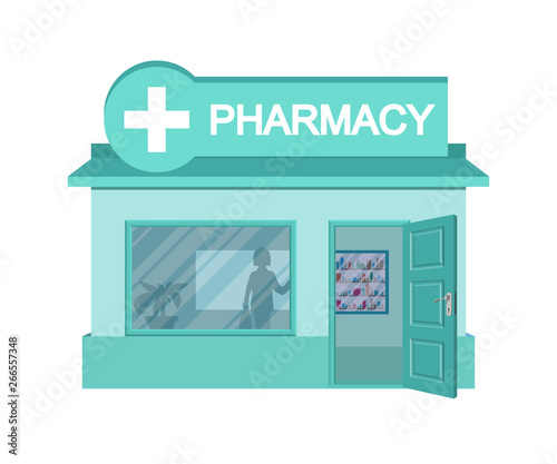 Vector flat drugstore. Facade of pharmacy store isolated on white background. Drugstore house. Cartoon pharmacy store building. Drugstore front. Vector graphics to design