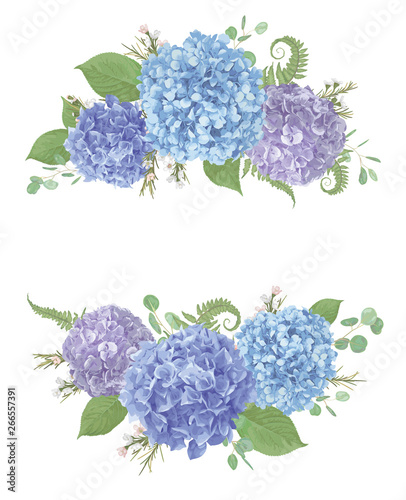 Set of wedding bouquets.Leaves, blooming branches eucalyptus, gaultheria, salal, chamaelaucium, fern.Blue, purple, flower of hydrangea.All elements are isolated and editable.Floral pastel style
