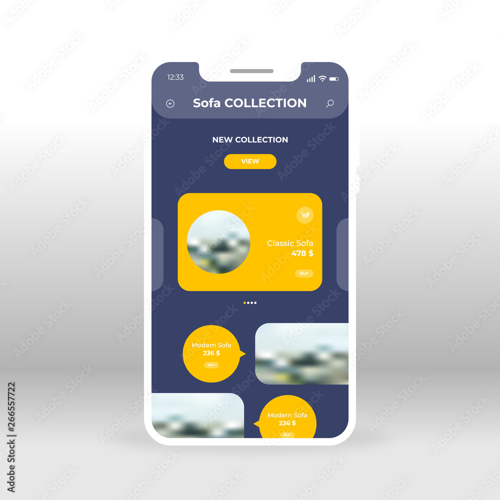 Yellow Furniture Collection Store UI, UX, GUI screen for mobile apps design. Modern responsive user interface design of mobile applications including Furniture Showroom screen Yellow Furniture Collection Store UI, UX, GUI screen for mobile apps design. Modern responsive user interface design of mobile applications including Furniture Showroom screen