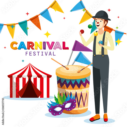 man mime with drum and party banner with circus and mask