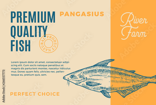 Premium Quality Pangasius Bocourti. Abstract Vector Fish Packaging Design or Label. Modern Typography and Hand Drawn Basa Silhouette Background Layout
