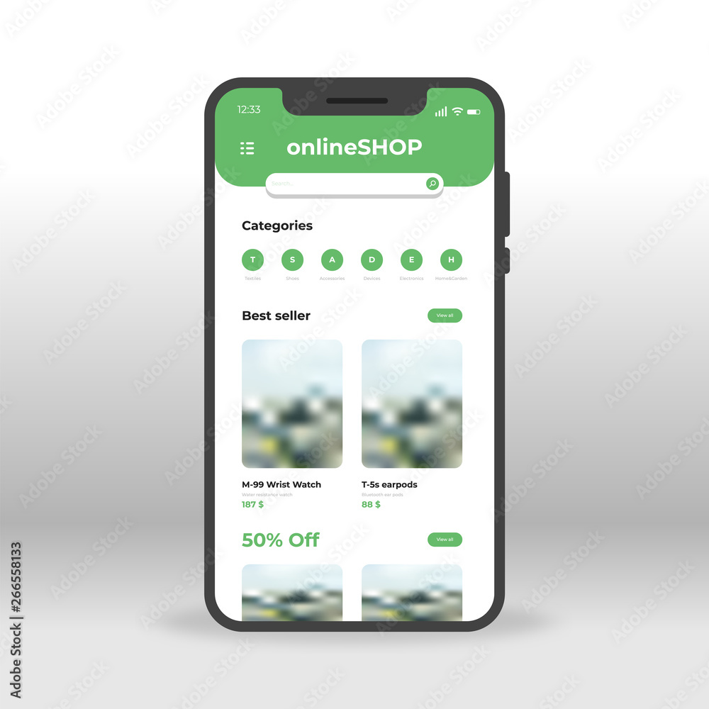 Green online shop UI, UX, GUI screen for mobile apps design. Modern  responsive user interface design of mobile applications including shopping  with 50% discount screen Stock Vector | Adobe Stock
