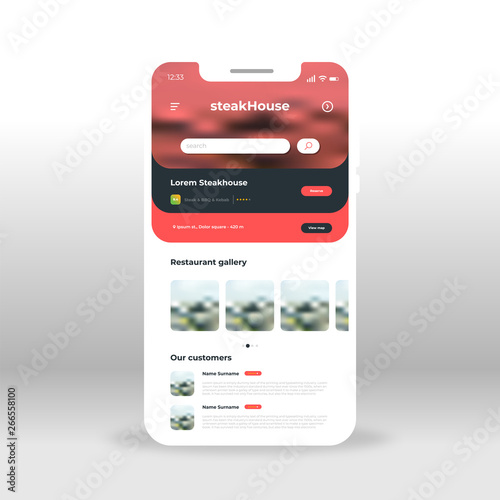 Red Steak House Restaurant menu UI, UX, GUI screen for mobile apps design. Modern responsive user interface design of mobile applications including search, find, raiting, customers elements