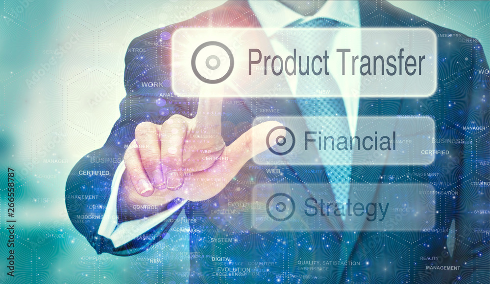 A business man selection a Product Transfer button on a futuristic display with a concept written on it. A business man selection a Product Transfer button on a futuristic display with a concept written on it.