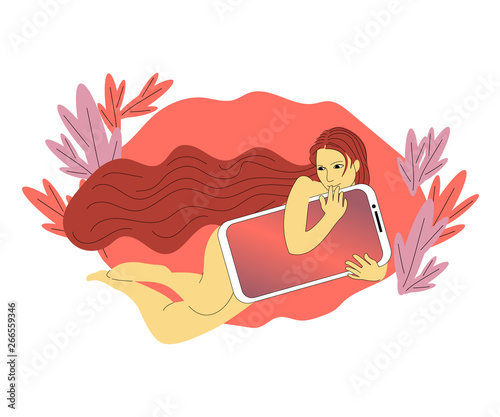 Beautiful hand drawn flat style girl with long hair is lying holding big smartphone, naked legs, playful pose. Isolated on white background. Stock vector illustration..