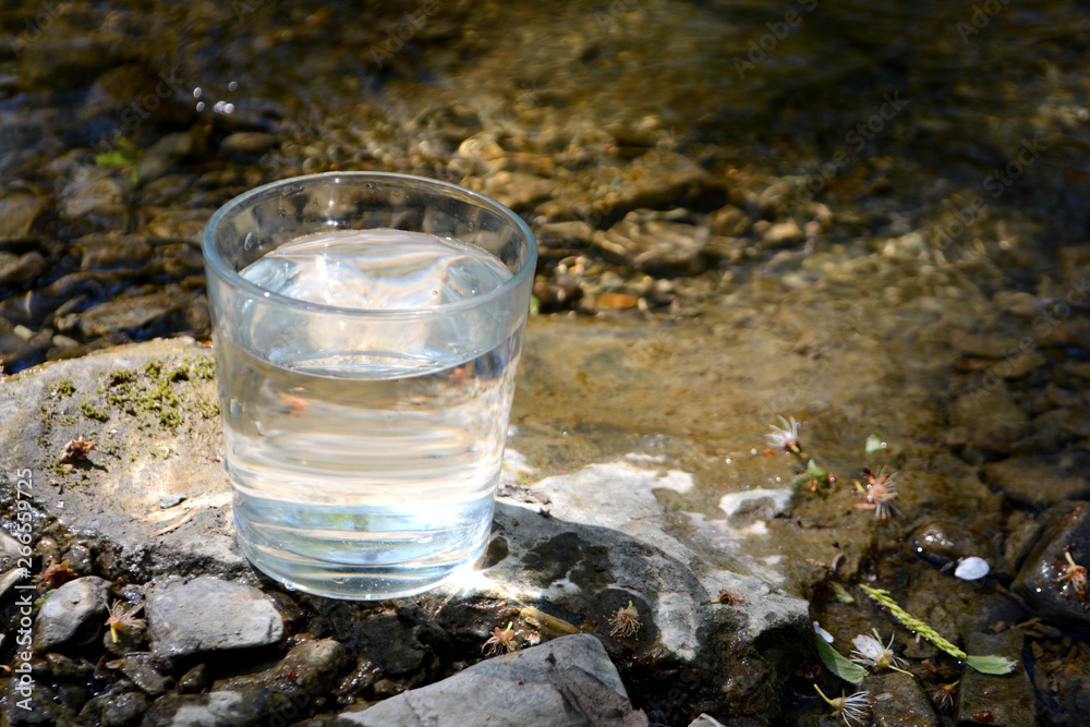 A glass of clean water on the river bank A glass of clean water on the river bank