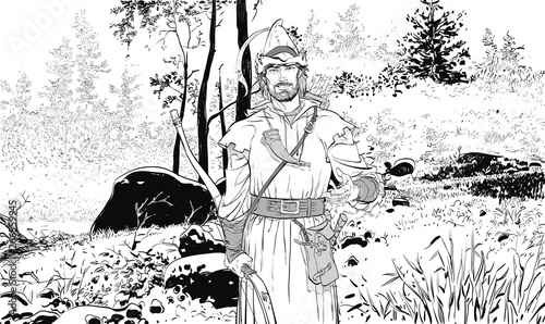 Robin Hood. Defender of weak. Medieval legends. Heroes of medieval legends. Halftone background.