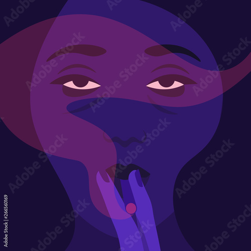 A woman holds a cigarette in her hands and smokes. The girl's face in the dark. Addiction. Vector flat illustration