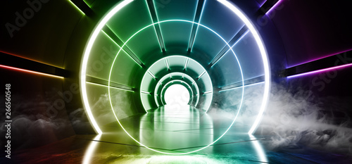 Smoke Circle Sci-Fi Futuristic Round Cylinder Shaped Corridor With Led Blue White Green Purple Rainbow Lights Glowing With Spaceship Interior Technology Concept 3D Rendering