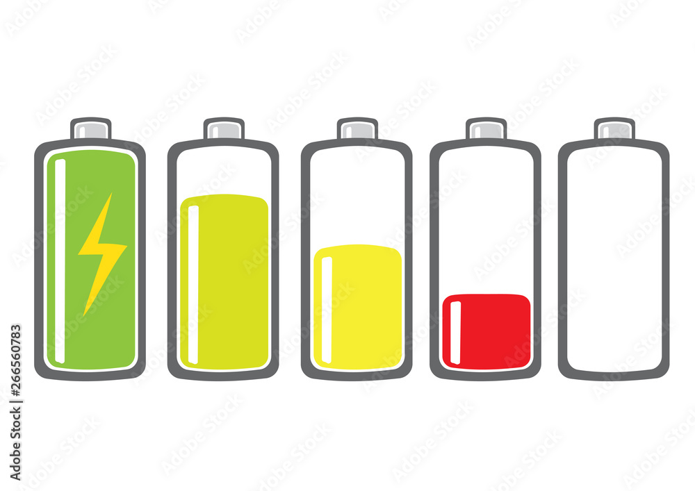 Battery charge indicator set with colours. Charging Battery Energy Level. Battery charge indicator set with colours. Charging Battery Energy Level.