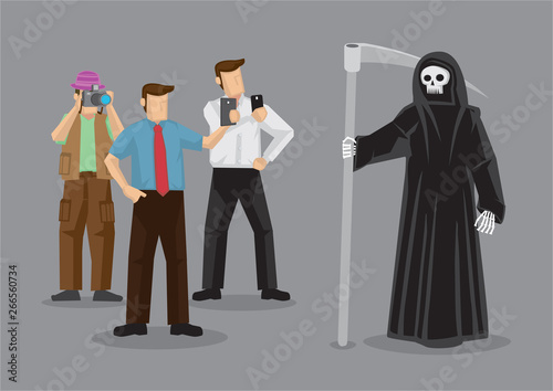 People Taking Photo of Grim Reaper Cartoon Vector Illustration