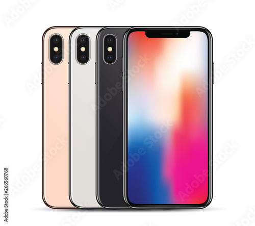 the front part of the smartphone with a color screen and three back parts of the case gold, silver, black colors white background