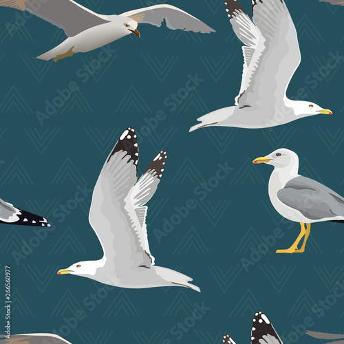 Sea gulls seamless pattern. Hovering, soaring, standing, with folded wings, resting, curious. Flying mew