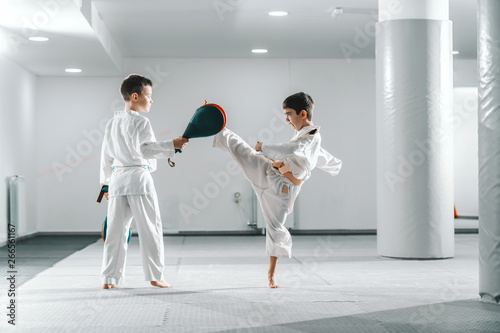 Two young Caucasian boys in doboks having taekwondo training at gym. One girl kicking while other one holding kick target.