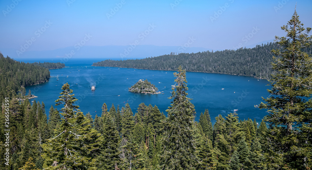 Emerald Bay, Lake Tahoe. Rocks, calm California overview