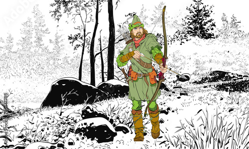 Robin Hood in a hat with feather. Defender of weak. Medieval legends. Heroes of medieval legends. Halftone background.