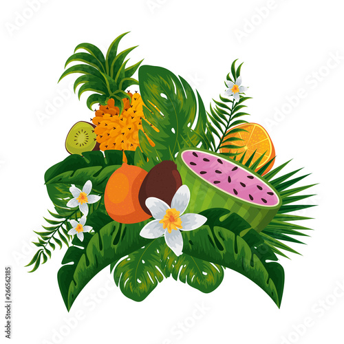 tropical watermelon and fruits with floral decoration