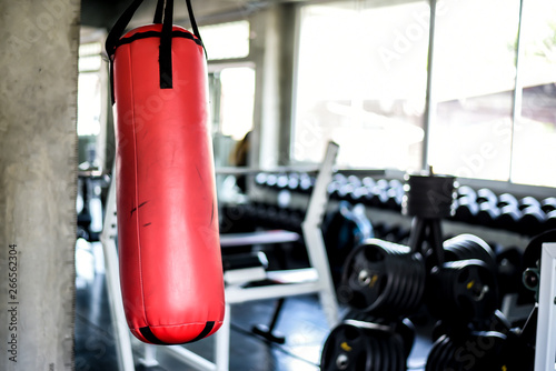 Close up boxing bags in sport gym