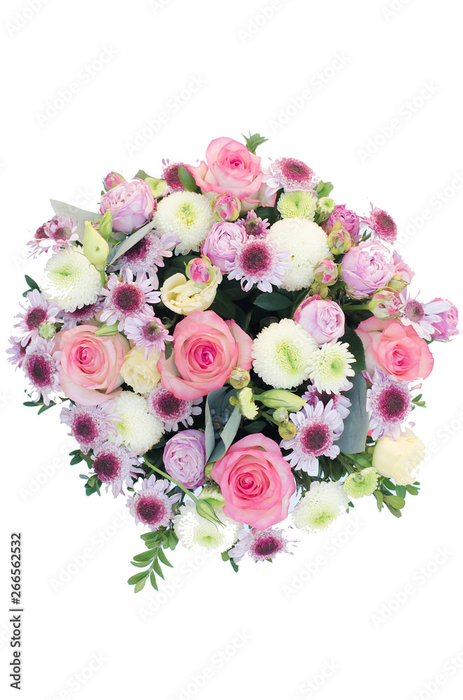 Isolated bouquet of flowers on a white background photographed from above.