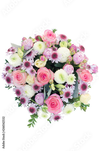 Isolated bouquet of flowers on a white background photographed from above. © Maryna