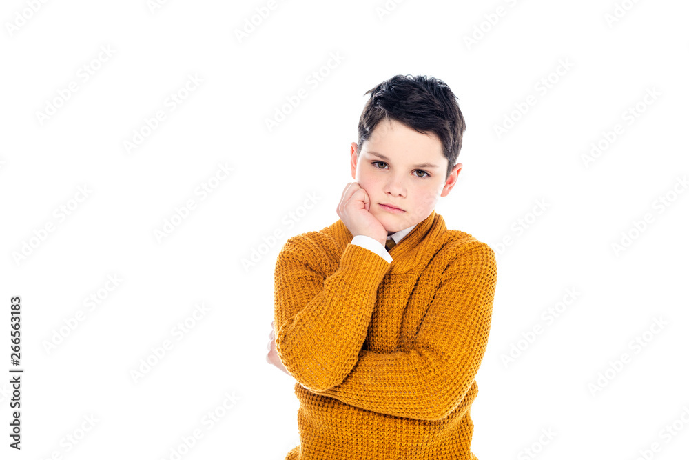sad boy in casual clothes propping chin isolated on white with copy space sad boy in casual clothes propping chin isolated on white with copy space