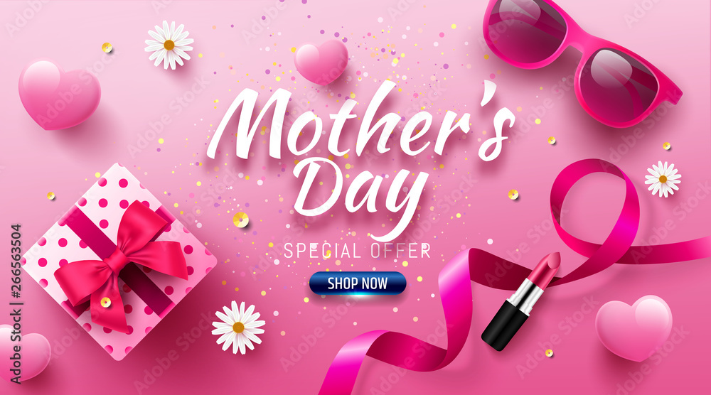 Happy Mother's Day Sale Poster or banner with love gift box and sweet