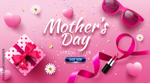 Happy Mother's Day Sale Poster or banner with love gift box and sweet heart.Happy Mother's Day.Trendy Design Template for Mother's Day and love concept.Vector illustration EPS10