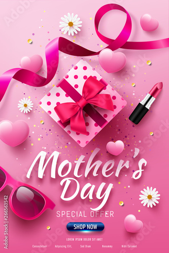 Happy Mother's Day Sale Poster or banner with love gift box and sweet heart.Happy Mother's Day.Trendy Design Template for Mother's Day and love concept.Vector illustration EPS10