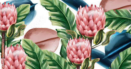 Ginger flowers tropic background Vector watercolor. Exotic banner botanic floral and palm leaves decors
