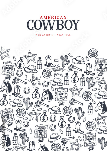 Wild West and Cowboy banner. Rodeo Show. Hand draw doodle background. Vector Illustration.