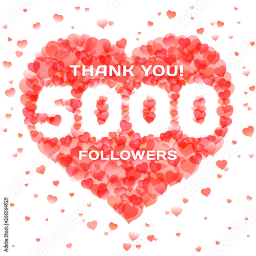 Vector banner in thanks for 5000 followers for social network with heart shape design template.