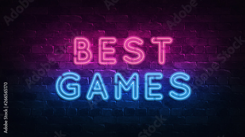 best games neon sign, great design for any purposes. 3d render. Modern design. Retro emblem design. Slot neon sign. Decoration element. Futuristic concept. casino element.