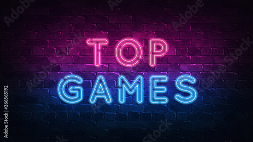 top games neon sign, great design for any purposes. 3d render. Modern design. Retro emblem design. Slot neon sign. Decoration element. Futuristic concept. casino element.