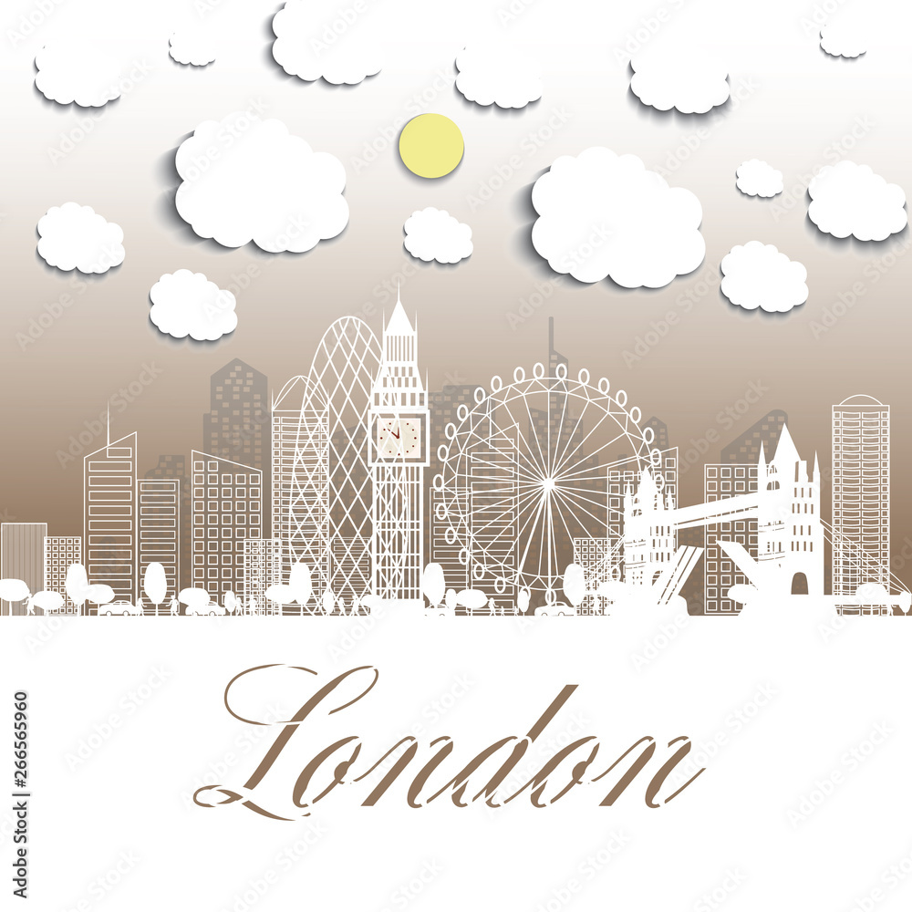 Fototapeta premium Paper beautiful illustration. Outline Welcome to London England. Vector Illustration. Business Travel and Tourism Concept with Modern Architecture. London Cityscape with Landmarks.
