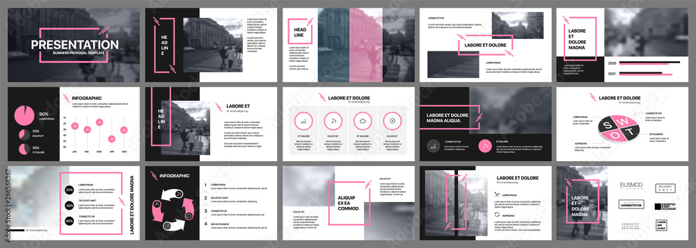 Presentation template. Pink elements for slide presentations on a white background. Use also as a flyer, brochure, corporate report, marketing, advertising, annual report, banner.