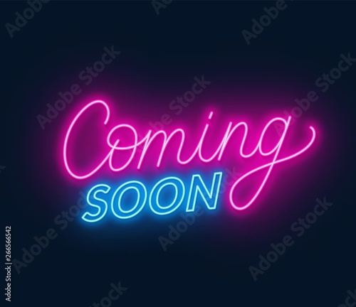 Coming soon neon sign on black background. Vector illustration.