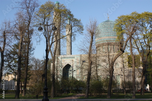 trees on the background of the mosque of St. Petersburg 