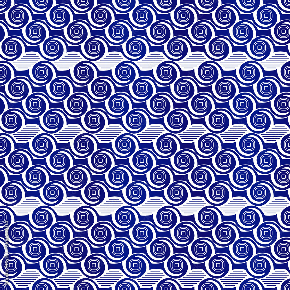 Abstract seamless pattern. Seamless wave vector background. Blue and white texture. Graphic pattern with circles and lines. Repeating abstract decorative background - Vector