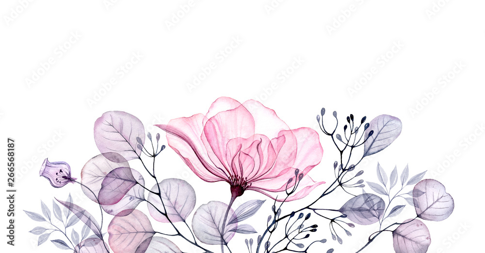 Watercolor Transparent floral arrangement of roses buds leaves branches in  pastel pink, grey, blue, violet, purple vintage ornament bouquet corner,  x-ray, wedding design, stationery print, frame ilustración de Stock | Adobe  Stock