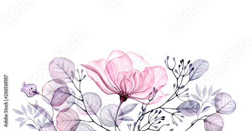 Watercolor Transparent floral arrangement of roses buds leaves branches in pastel pink, grey, blue, violet, purple vintage ornament bouquet corner, x-ray, wedding design, stationery print, frame  