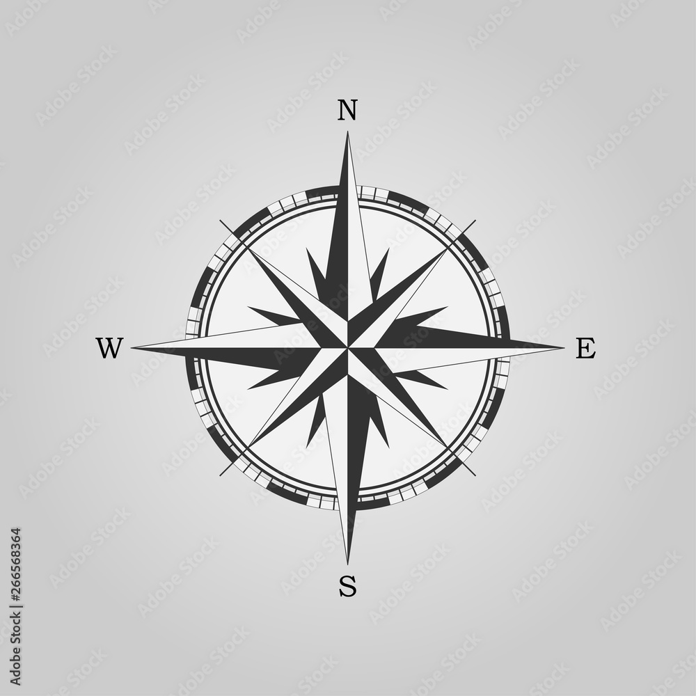 Compass rose, wind rose, navigation icon isolated on gray background. Vector illustration, flat design. Compass rose, wind rose, navigation icon isolated on gray background. Vector illustration, flat design.
