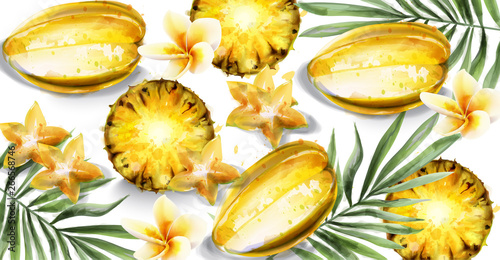Carambola star fruit and pineapple slices Vector watercolor. Tropic juicy ban...