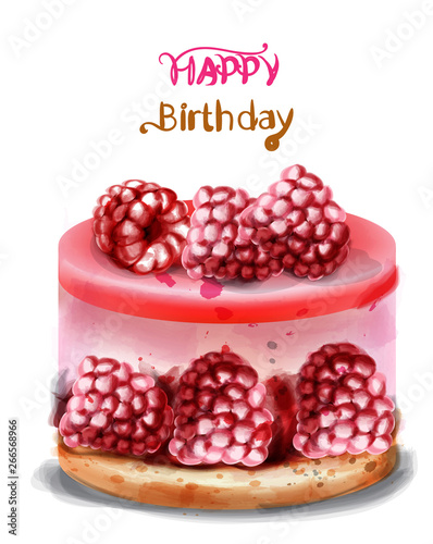 Raspberry birthday cake Vector watercolor. Happy birthday delicious cards