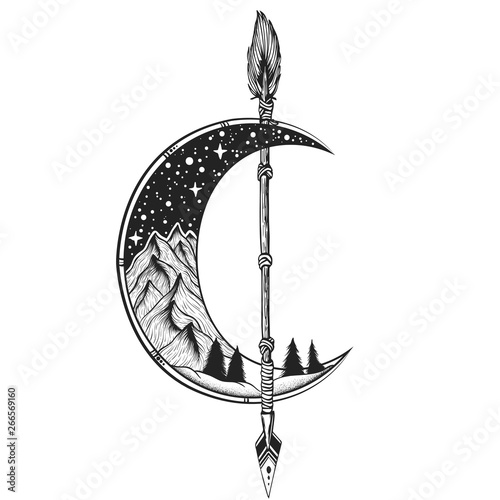Moon, arrow tattoo Vector illustration. Dot work