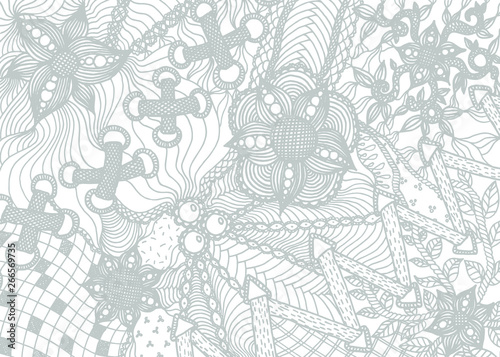 Hand drawn backdrop pattern with flowers, tracery, pearls and shoelace in doodle style. Gray vector illustration on white background