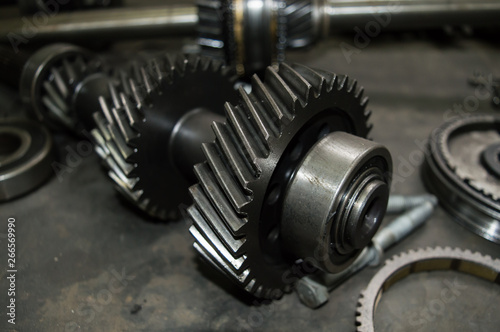 Gears, impaled on the shaft spline. Replacement spare part of the machine tool.